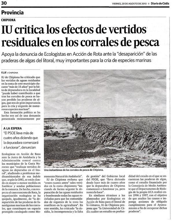 IU critica los efecto de los vertidos residuales en los corrales de pesca. (Diario de Cádiz)