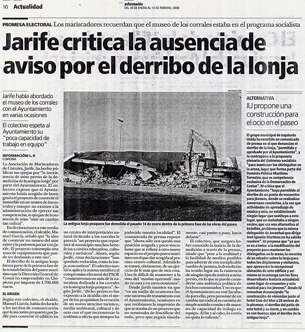 Jarife critica la falta de aviso en el derribo de la antigua Lonja Pesquera. (Chipiona Información)